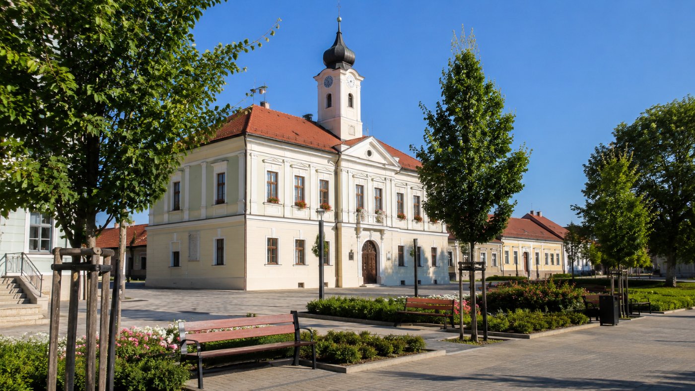 Zrekonštruovaná radnica a upravená zeleň na námestí slovenského mesta