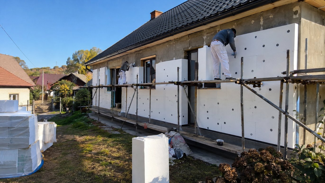 Obnov dom mini+ — robotníci zatepľujú fasádu staršieho rodinného domu na lešení