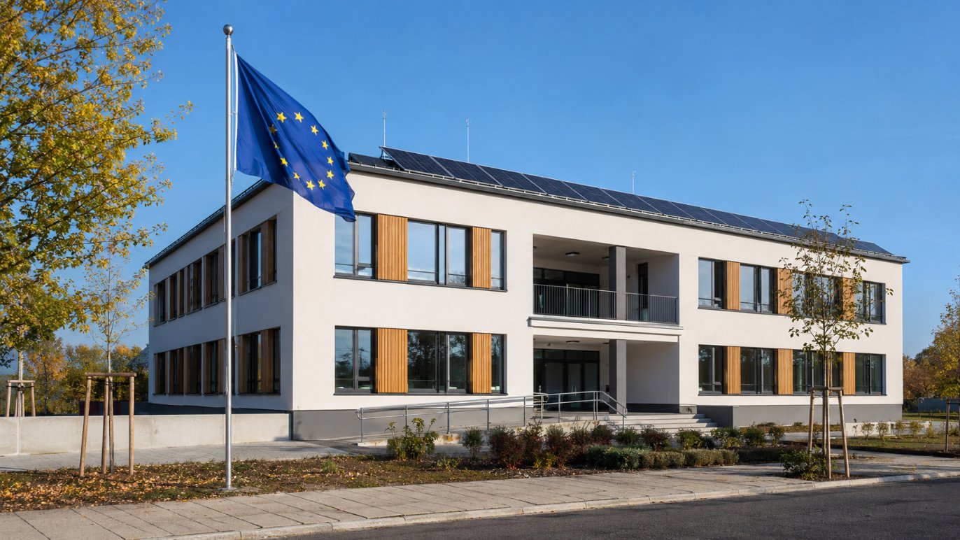Zrekonštruovaná verejná budova so solárnymi panelmi a vlajkou Európskej únie – plán obnovy