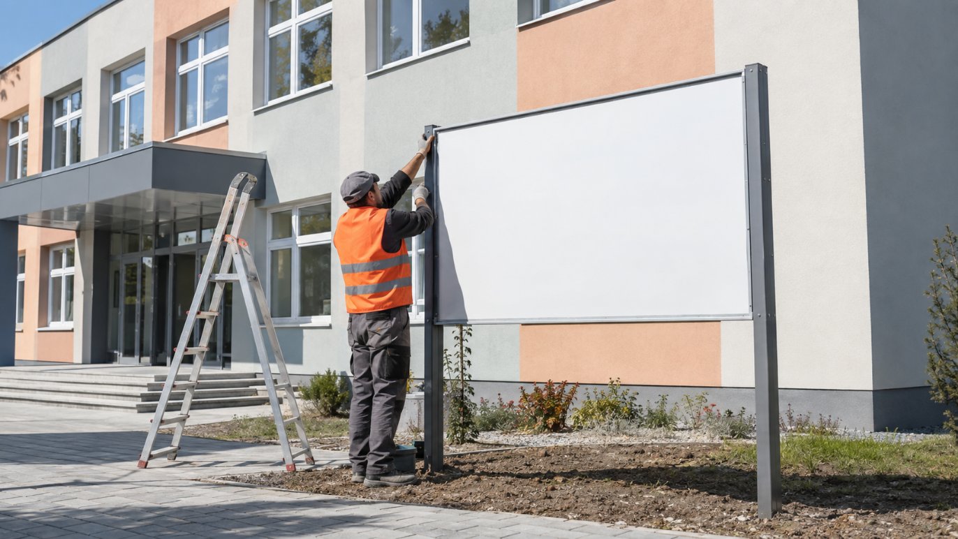 Publicita projektu z eurofondov – pracovník osadzuje informačnú tabuľu pred obnovenou verejnou budovou
